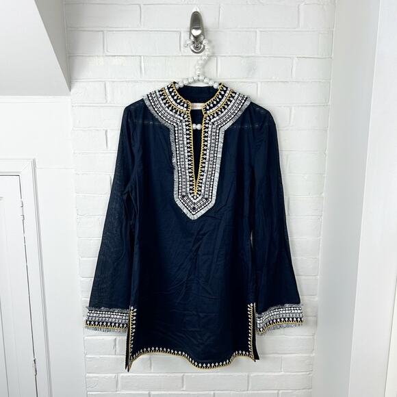 Tory Burch Navy Embroidered Fringe Detail 100% Cotton Tunic Size 8 - Picture 1 of 14